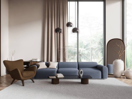 Foto de Interior de la elegante sala de estar con paredes blancas, suelo de madera, cómodo sofá azul y sillón marrón de pie cerca de la mesa de centro. renderizado 3d - Imagen libre de derechos