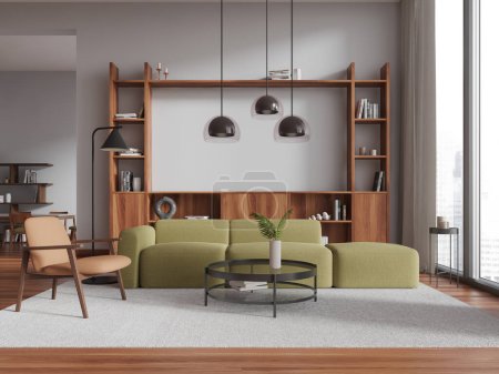 Foto de Interior de la moderna sala de estar con paredes blancas, suelo de madera, cómodo sofá verde de pie cerca de la mesa de café y vestidor de madera. renderizado 3d - Imagen libre de derechos