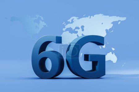 Photo for Large 6G text and world map, wireless internet connection on blue background. Global network high speed network. Concept of new technology and www. 3D rendering illustration - Royalty Free Image