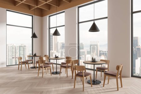 Foto de Esquina de restaurante moderno con paredes blancas, suelo de madera y cómodas mesas redondas con sillas marrones. renderizado 3d - Imagen libre de derechos