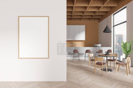 Foto de Interior del moderno restaurante con paredes blancas y beige, suelo de madera, cómodo mostrador de bar con taburetes y mesas redondas con sillas. Una maqueta vertical de póster. renderizado 3d - Imagen libre de derechos
