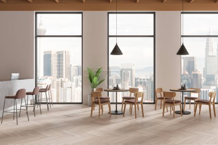 Photo for Modern cafe interior with wooden chairs and tables in row, hardwood floor. Bar or restaurant with cash desk, counter and panoramic window on Kuala Lumpur skyscrapers. 3D rendering - Royalty Free Image
