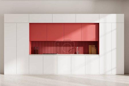 Téléchargez les photos : Intérieur de la cuisine maison rouge et blanche avec évier et cuisinière, sol en béton léger. Zone de cuisson minimaliste colorée avec ustensiles de cuisine dans un appartement moderne. rendu 3D - en image libre de droit