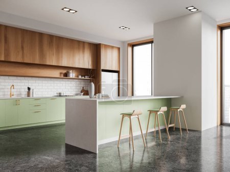 Photo for Corner of stylish kitchen with white walls, stone floor, green cabinets, wooden cupboards and cozy green island with stools. 3d rendering - Royalty Free Image