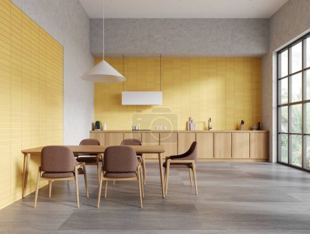Photo for Colored home kitchen interior with dinner table and chairs, concrete floor. Yellow dining and cooking space with cabinet and panoramic window on tropics. 3D rendering - Royalty Free Image