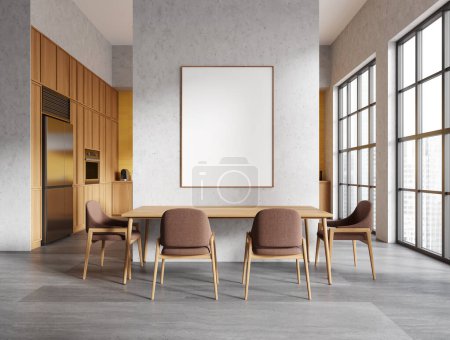Téléchargez les photos : Élégant intérieur de la maison cuisine avec table et chaises, sol en béton. Meuble de cuisine moderne et fenêtre panoramique sur les gratte-ciel. Affiche sur toile maquillée sur cloison. rendu 3D - en image libre de droit