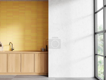 Téléchargez les photos : Intérieur de cuisine maison jaune avec évier et ustensiles de cuisine sur comptoir en bois. Espace de cuisson minimaliste dans un appartement moderne, fenêtre panoramique. Copier l'espace mur vide. rendu 3D - en image libre de droit