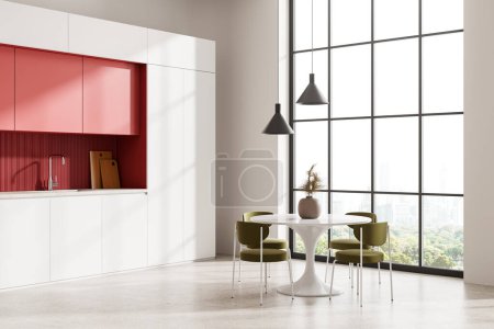 Photo for Corner view of home kitchen interior with eating table and chairs, concrete floor. Panoramic window on Bangkok. Home cooking cabinet and dining space. 3D rendering - Royalty Free Image