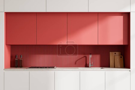Photo for Red and white home kitchen interior with sink and stove, kitchenware on stone counter. Colored minimalist cooking area in modern apartment. 3D rendering - Royalty Free Image
