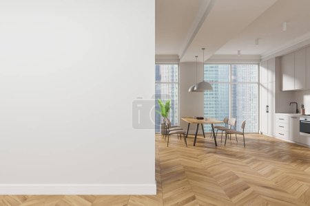 Foto de Elegante interior de la cocina del hogar con mesa y sillas, piso de madera. Espacio de cocina con armario, ventana panorámica de los rascacielos de Singapur. Mockup copia espacio vacío de la pared. Renderizado 3D - Imagen libre de derechos