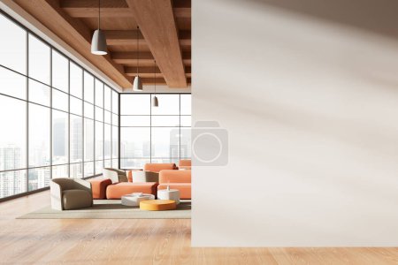 Foto de Oficina interior de negocios con lugar suave, sofá y sillones con mesa de centro. Espacio de espera o de relax en el moderno vestíbulo con ventana panorámica. Mockup copia la partición de pared de espacio. Renderizado 3D - Imagen libre de derechos