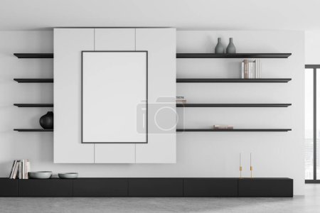 Photo for Cozy living room interior with sideboard, shelf with decoration and books, panoramic window on skyscrapers. Mock up canvas poster on white wall. 3D rendering - Royalty Free Image