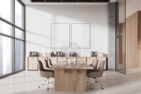 Photo for Stylish business meeting room interior with board, armchairs and drawer with folders. Conference workplace with panoramic window. Two mock up canvas posters in row. 3D rendering - Royalty Free Image