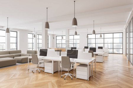 Photo for Corner view of white and wooden office interior with pc desktop, side view. Cozy minimalist workspace with panoramic window on Kuala Lumpur skyscrapers. 3D rendering - Royalty Free Image