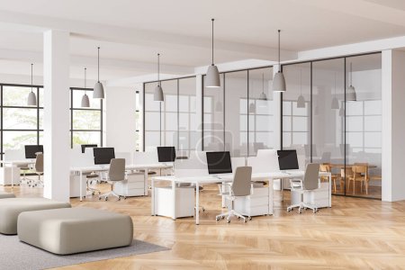 Photo for Corner view of white and wooden office interior with pc desktop, side view. Cozy workplace with glass meeting room and panoramic window on tropics. 3D rendering - Royalty Free Image