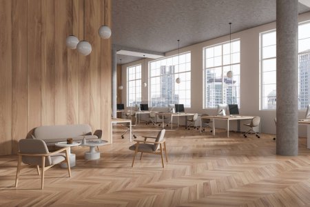Photo for Corner view of office interior with coworking and relax place, sofa and armchairs. Panoramic window on Bangkok skyscrapers. Modern workspace with cozy design. 3D rendering - Royalty Free Image