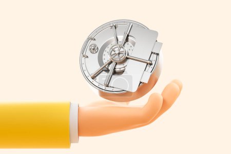 Photo for Cartoon hand holding a bank vault on beige background. Concept of secure space where money, valuables, records, and documents are stored. 3D rendering illustration - Royalty Free Image