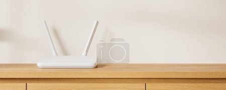 Téléchargez les photos : Buffet intérieur maison avec routeur wifi blanc avec deux antennes, maquette de mur vide d'espace de copie. Tiroir en bois avec technologie pour connexion Internet. rendu 3D - en image libre de droit