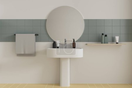 Foto de Elegante cuarto de baño interior con lavabo, toallero y estante con accesorios. Espejo redondo en la pared. Espacio de baño en moderno apartamento de lujo. Renderizado 3D - Imagen libre de derechos