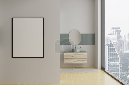 Photo for Modern hotel bathroom interior with sink and mirror, dresser with accessories and panoramic window on Bangkok skyscrapers. Mockup copy space canvas poster on partition. 3D rendering - Royalty Free Image
