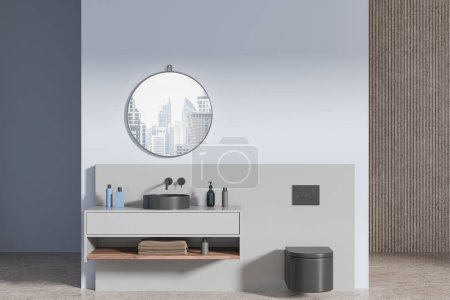 Photo for Blue hotel bathroom interior with sink and wall hung toilet. Vanity with bathing accessories and round mirror with panoramic window on skyscrapers in reflection. 3D rendering - Royalty Free Image