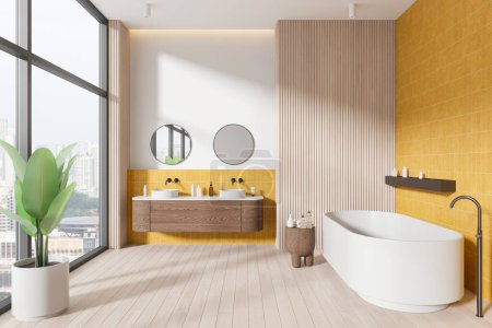 Foto de Elegante cuarto de baño interior con bañera, lavabo doble con tocador. Diseño colorido de la sala de baño con ventana panorámica de los rascacielos de Singapur. Renderizado 3D - Imagen libre de derechos