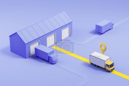 Photo for Top view of delivery van moving on a yellow track, location pin mark on purple background. Concept of logistics, cargo and warehouse. 3D rendering illustration - Royalty Free Image