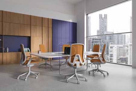 Photo for Corner view of conference interior with board and armchairs, laptop and shelf with business documents. Meeting room with panoramic window on Bangkok skyscrapers. 3D rendering - Royalty Free Image