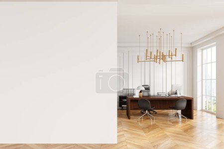 Photo for Stylish ceo interior with pc desktop on wooden desk, chairs on hardwood floor. Cozy consulting space and panoramic window on Bangkok skyscrapers. Mockup copy space wall partition. 3D rendering - Royalty Free Image