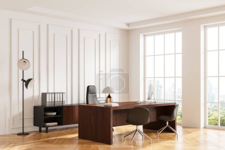 Photo for Corner view of ceo interior with pc computer on wooden desk, armchair on hardwood floor. Stylish minimalist consulting space, panoramic window on Bangkok skyscrapers. 3D rendering - Royalty Free Image