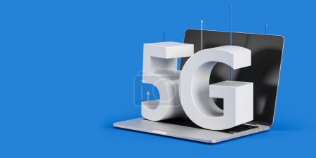Photo for Laptop computer and 5G internet, rising arrows and wireless connection on blue background. Global network high speed network. Concept of technology. 3D rendering illustration - Royalty Free Image