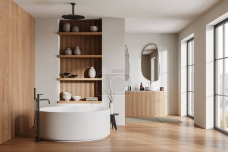 Photo for Interior of modern bathroom with beige walls, wooden floor, comfortable round bathtub and double sink with two oval mirrors. 3d rendering - Royalty Free Image