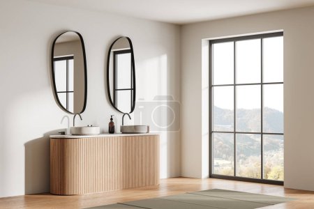 Photo for Corner view of hotel bathroom interior with double sink, vanity with accessories and two mirrors on beige wall. Panoramic window on countryside. 3D rendering - Royalty Free Image