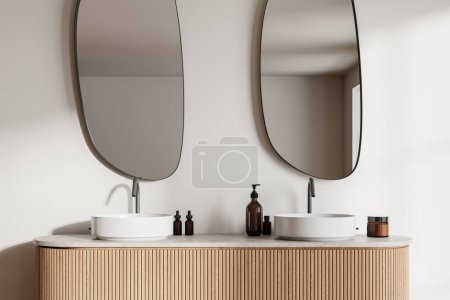 Photo for Stylish hotel bathroom interior with double sink, vanity with accessories and two mirrors on beige wall. Bathing space in modern contemporary apartment. 3D rendering - Royalty Free Image