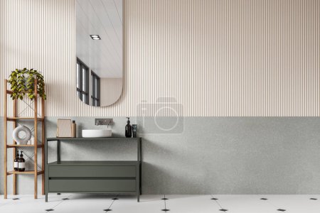 Téléchargez les photos : Intérieur de salle de bain élégante avec des murs beige et gris, sol carrelé, lavabo rond confortable debout sur le comptoir gris et miroir ovale. Rendu 3d - en image libre de droit