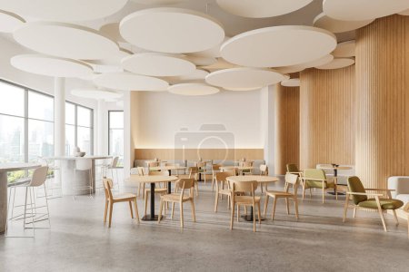 Foto de Esquina de restaurante moderno con paredes blancas y de madera, suelo de hormigón, mesas redondas con sillas y acogedores sofás grises. renderizado 3d - Imagen libre de derechos