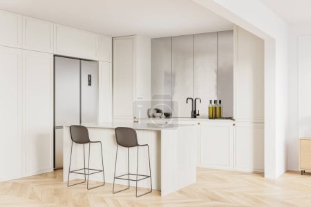 Photo for Corner of modern kitchen with white walls, wooden floor, white cupboards and cabinets and cozy island with stools. 3d rendering - Royalty Free Image