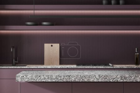 Photo for View of stone countertop standing in stylish kitchen with purple walls and comfortable purple cabinets and shelves. 3d rendering - Royalty Free Image