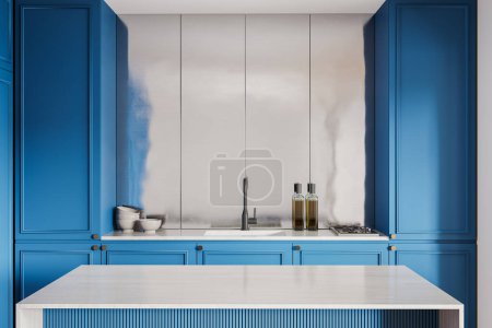 Téléchargez les photos : Intérieur de cuisine bleu et blanc avec comptoir de bar en pierre, évier et cuisinière avec ustensiles de cuisine et étagères. Espace de cuisson moderne avec des appareils minimalistes. rendu 3D - en image libre de droit