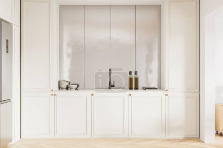 Foto de Interior de la elegante cocina con paredes blancas, suelo de madera, armarios blancos con fregadero incorporado y nevera grande. renderizado 3d - Imagen libre de derechos