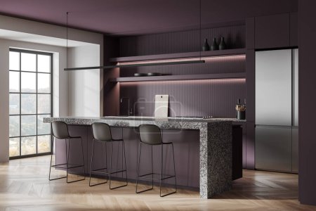 Foto de Esquina de cocina moderna con paredes púrpuras, suelo de madera, armarios y estantes púrpura y acogedora isla con taburetes. renderizado 3d - Imagen libre de derechos