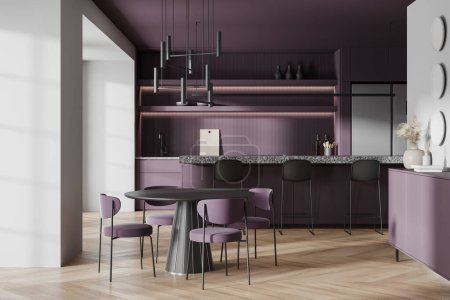 Foto de Púrpura interior de la cocina del hogar con barra de bar y mesa de comedor, armario con utensilios de cocina y cajón con decoración. Comer y cocinar espacio con diseño de lujo. Renderizado 3D - Imagen libre de derechos