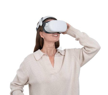 Young smiling woman portrait, working in vr glasses headset, isolated over white background, digital world and connection. Concept of metaverse and immersive