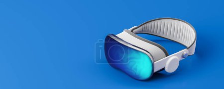 Téléchargez les photos : Vue des nouvelles lunettes de réalité virtuelle VR sur fond bleu. Concept sur la haute technologie, la métaverse et l'exploration du cyberespace. Rendu 3d - en image libre de droit