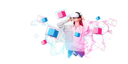 Smiling woman in vr glasses looking at colorful hologram, information fields and data blocks in cyberspace on white background. Concept of blockchain, metaverse and vision