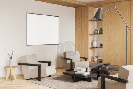 Photo for Corner view of living room interior with armchairs and coffee table, lamp and shelf with decoration, carpet on hardwood floor. Mock up blank poster. 3D rendering - Royalty Free Image