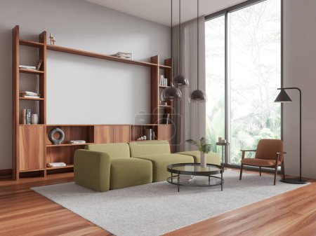 Photo for Corner of modern living room with white walls, wooden floor, comfortable green sofa standing near coffee table and wooden dresser. 3d rendering - Royalty Free Image