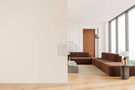 Modern home living room interior with brown sofa, granite coffee table with minimalist decoration. Chill space with panoramic window on Bangkok. Mock up copy space wall partition. 3D rendering