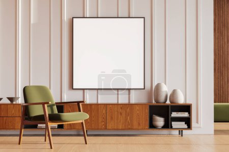 Foto de Interior de la elegante sala de estar con paredes blancas, suelo de madera, cómodo sillón verde de pie cerca de la cómoda de madera y la maqueta cuadrada de póster. renderizado 3d - Imagen libre de derechos