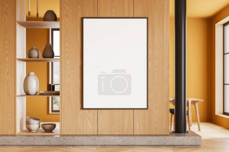 Photo for Modern wooden home living room interior with chairs and eating area. Panoramic window on countryside, hardwood floor. Shelf with decoration and mock up canvas poster. 3D rendering - Royalty Free Image